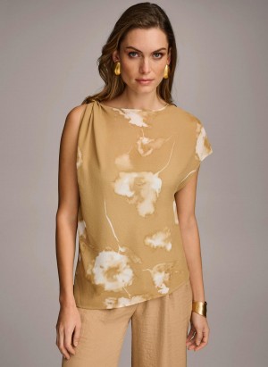 Donna Karan Printed Gathered Hardware Shoulder Sweaters and Tops Gull Pisket Krem | Norge_DK54679