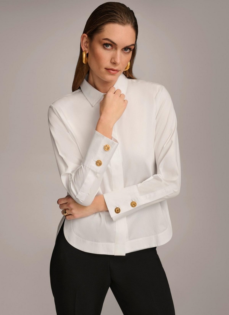 Donna Karan Bomull Collared Button Down Sweaters and Tops Hvite | Norge_DK83926