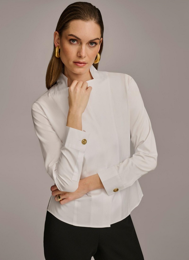 Donna Karan Bomull Notch Collar Button Down Sweaters and Tops Hvite | Norge_DK62801