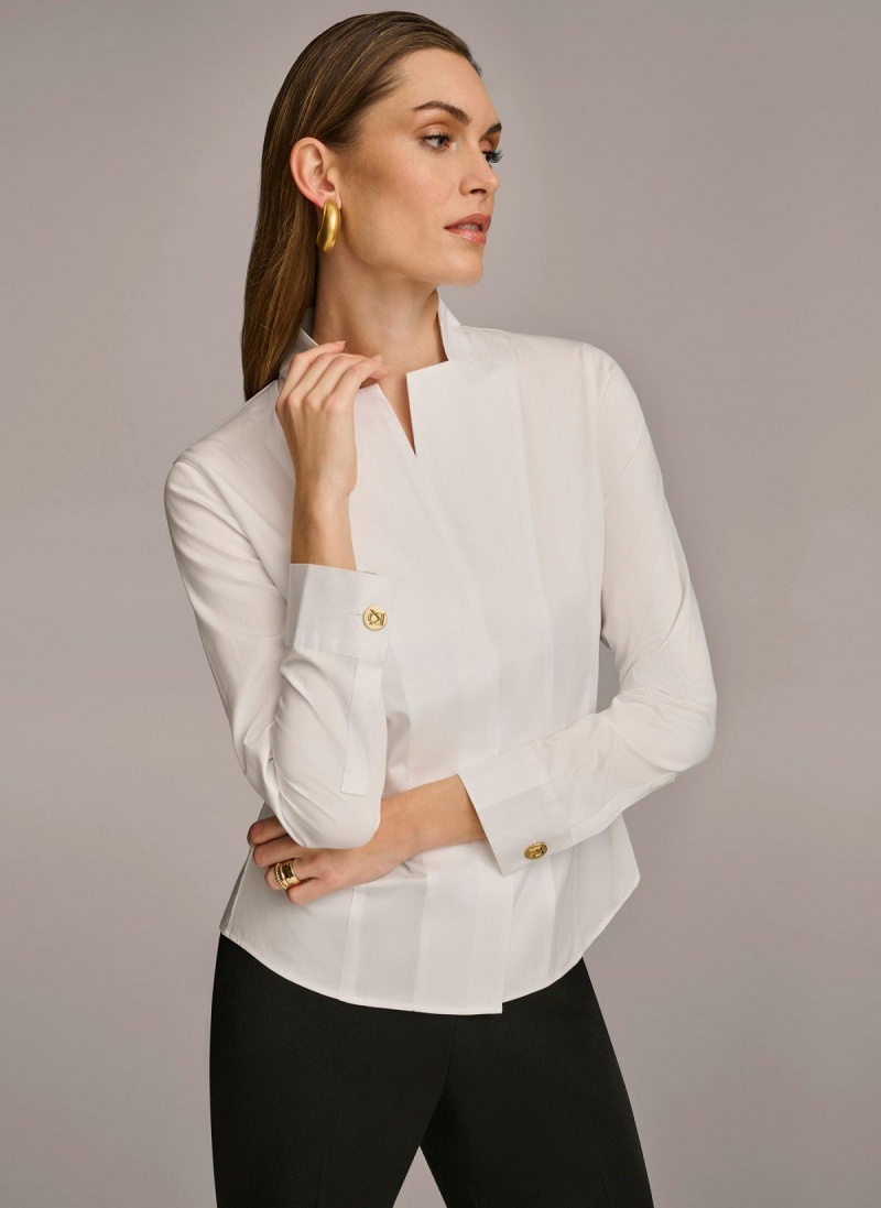 Donna Karan Bomull Notch Collar Button Down Sweaters and Tops Hvite | Norge_DK62801