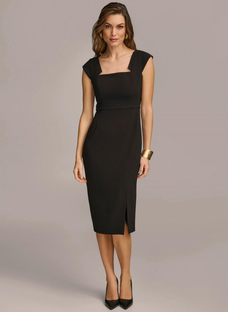 Donna Karan Cap Sleeve Square Neck Sheath With Slit Kjole Svarte | Norge_DK27893