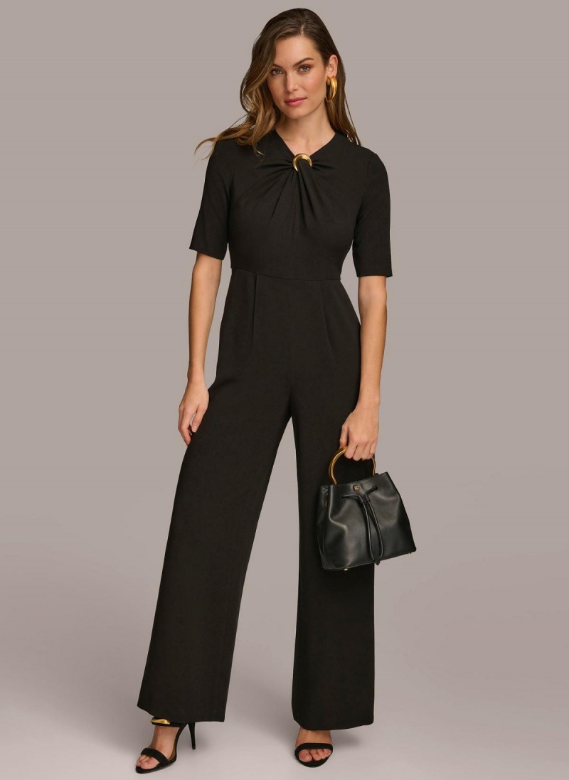 Donna Karan Half Sleeve Twist Neck Jumpsuit Svarte | Norge_DK49904