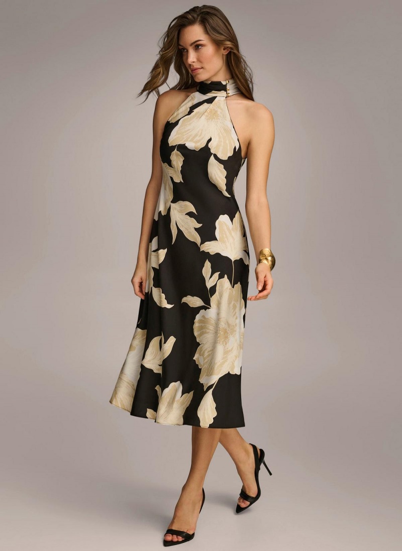 Donna Karan Halter Floral Print Midi Kjole Svarte Pisket Krem | Norge_DK50960